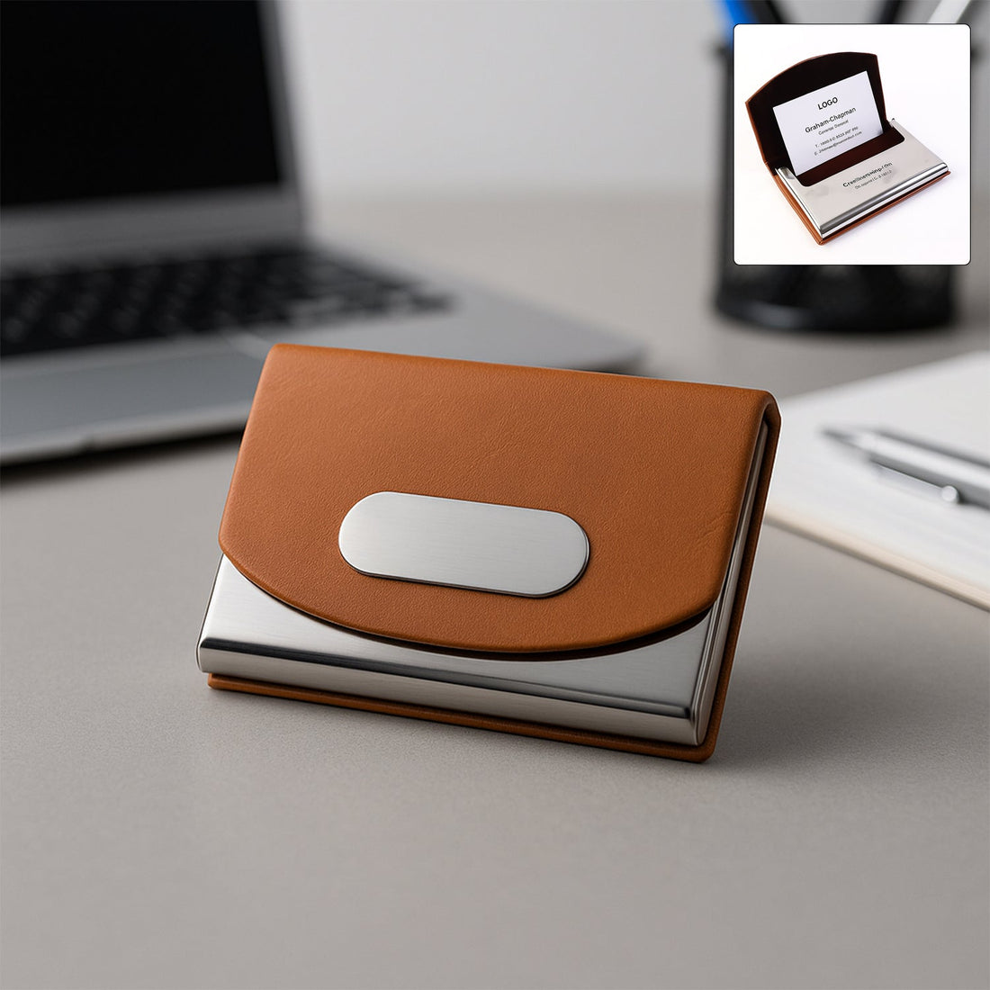 Premium leather business card holder with stainless steel base and brown PU leather
