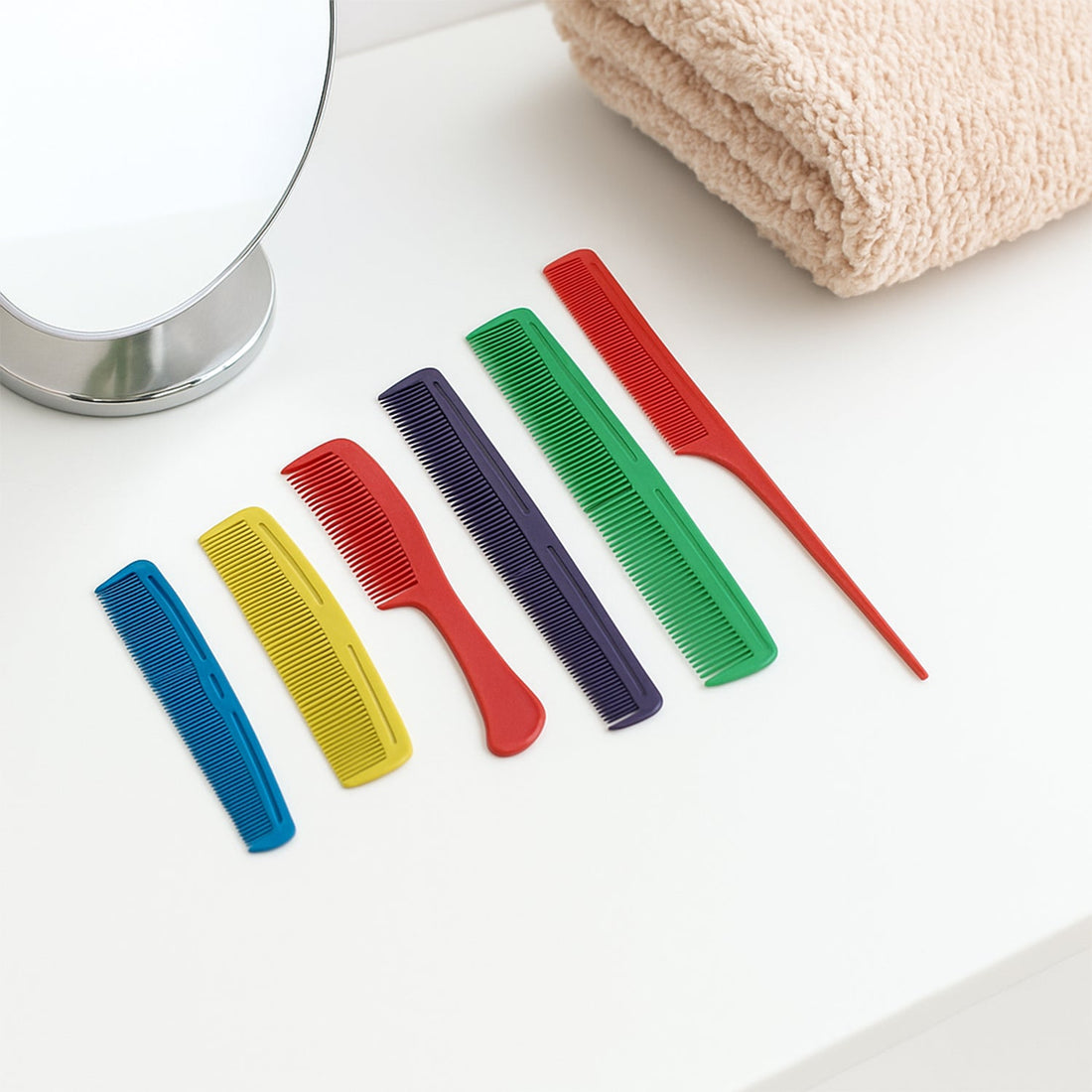 Closeup of assorted hair combs from styling set