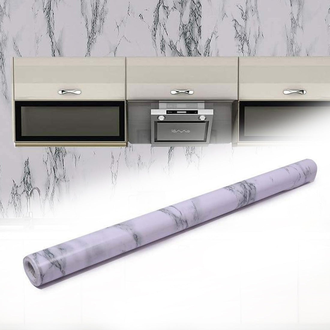 Roll of marble kitchen wallpaper with realistic white and grey pattern