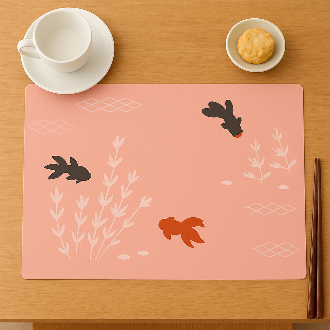 Set of decorative dining table placemats with fish design on a table