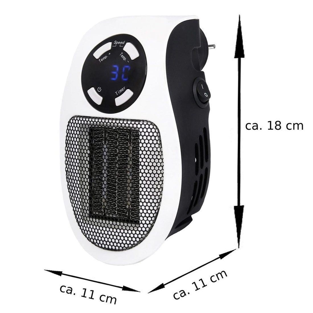 Energy-saving desktop heater plugged directly into a wall socket with its 360-degree rotating plug.
