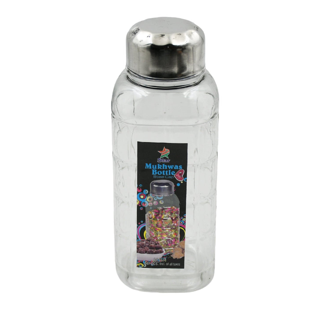 Transparent mukhwas bottle sitting on a kitchen counter with snacks