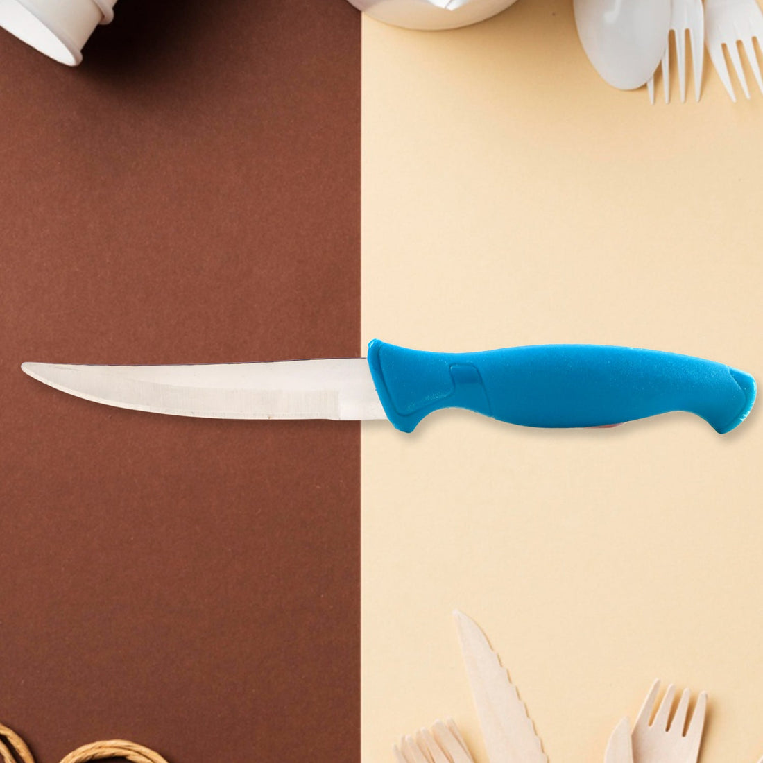 Close-up of durable stainless steel kitchen knife blade and handle