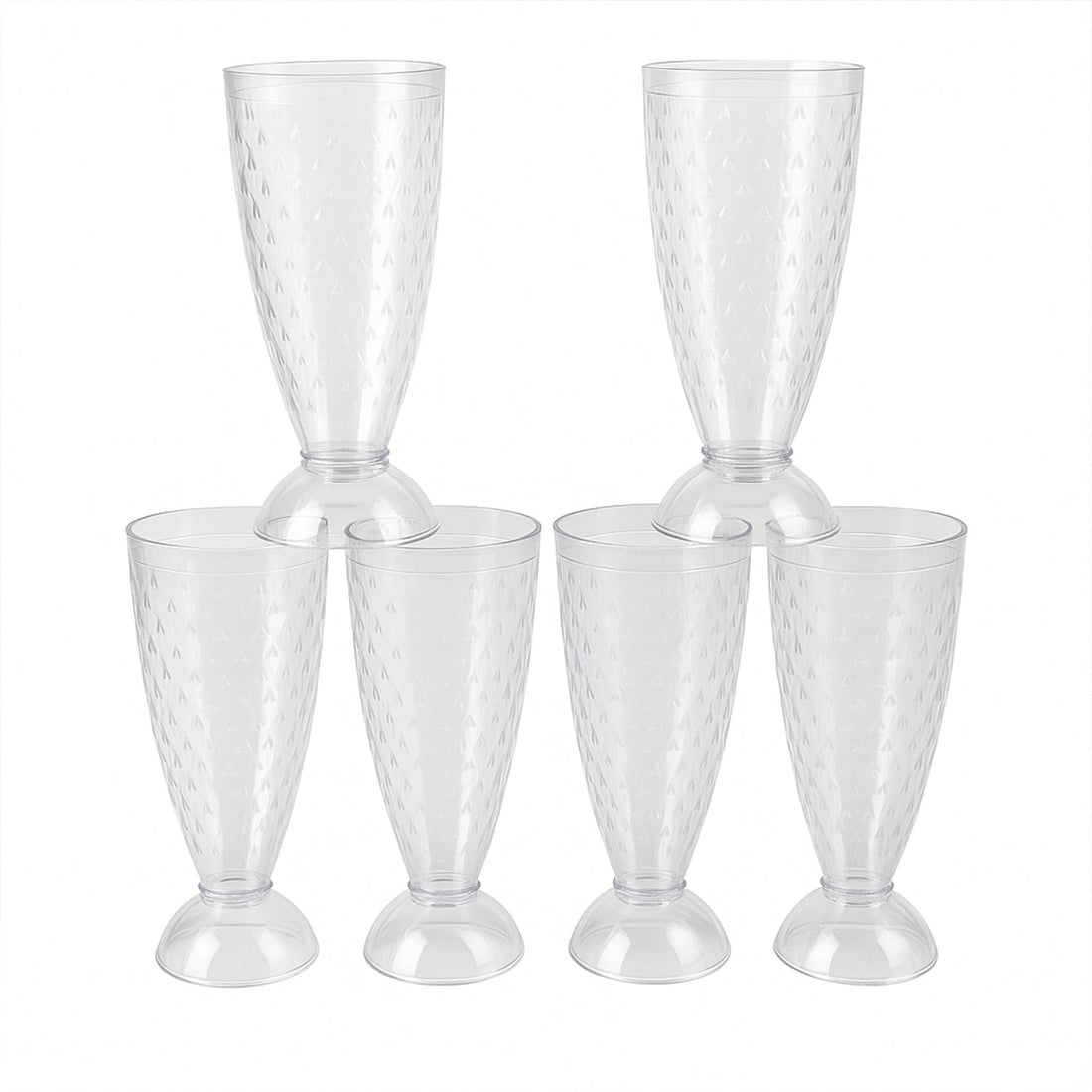Transparent plastic milkshake glasses neatly arranged on a dining table