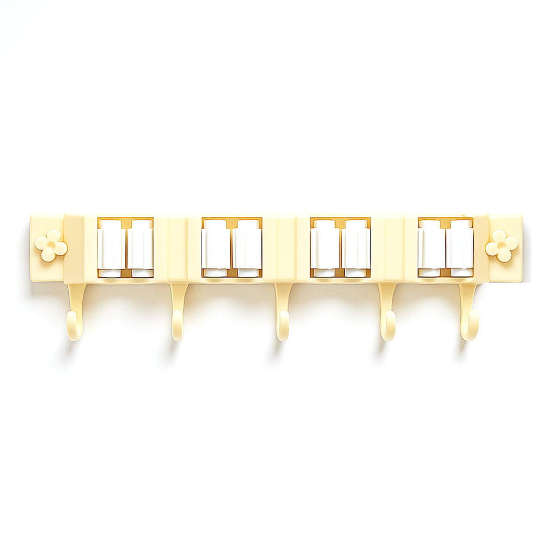 Wall-mounted tool organizer rack holding brooms and mops securely