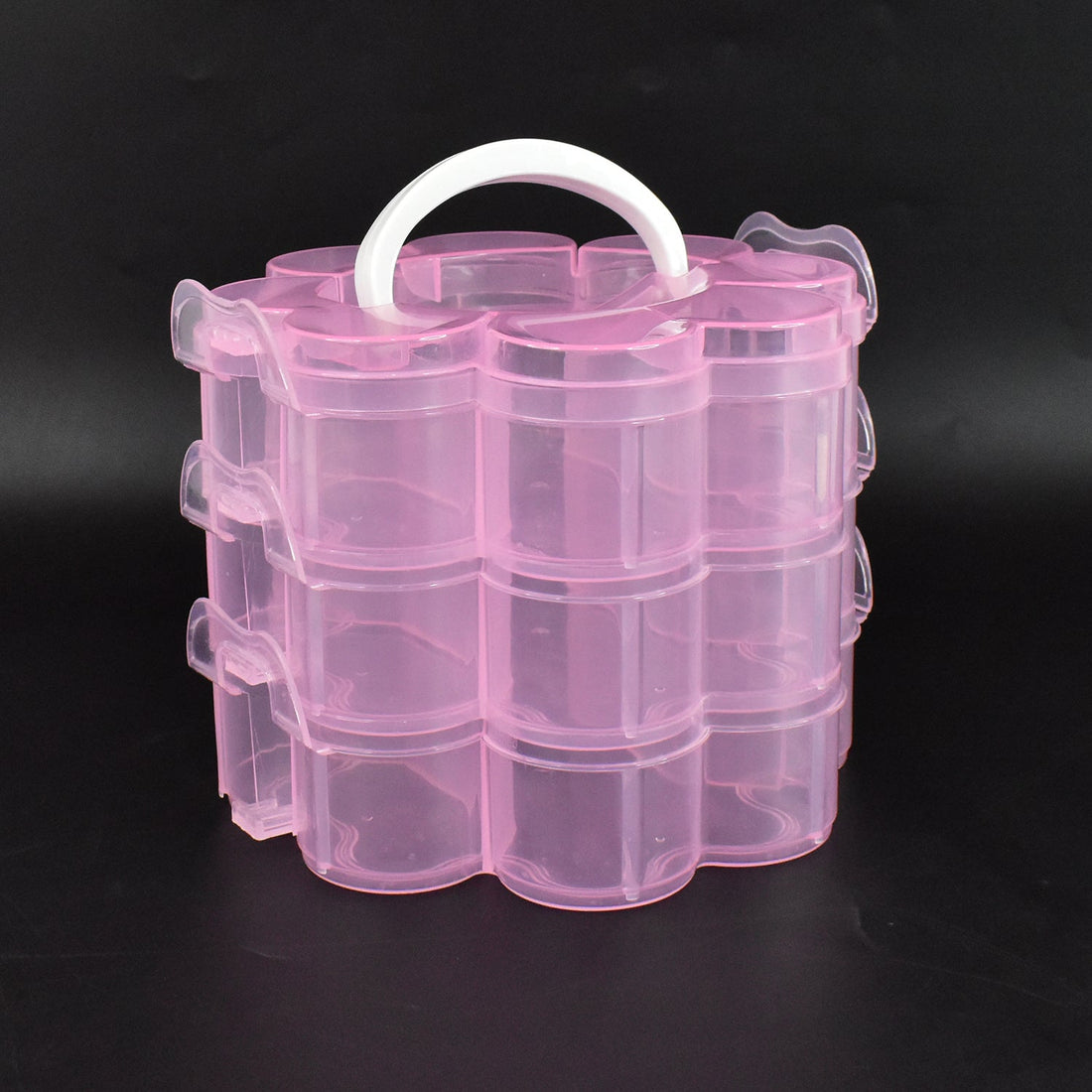 Top view of flower-shaped organizer box with three stackable layers