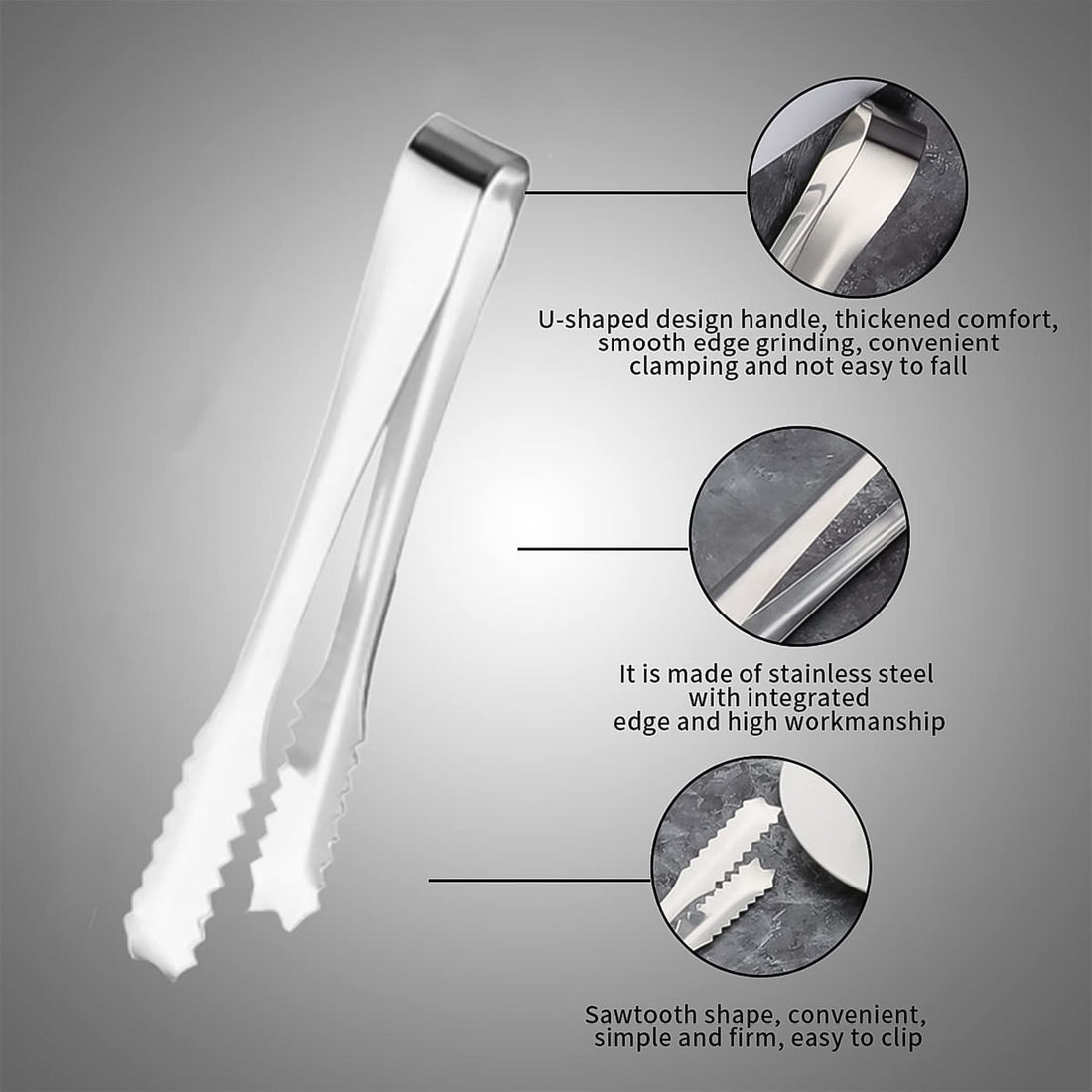 Set of two stainless steel serving tongs on a clear glass plate.
