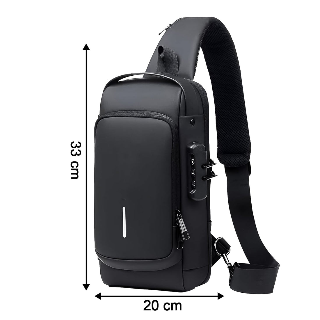 Detailed shot of product specifications on anti-theft crossbody sling bag