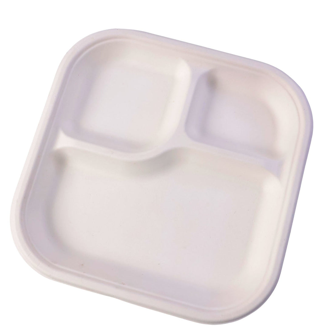 Close-up showing thick durable compartments of compostable bagasse meal plate