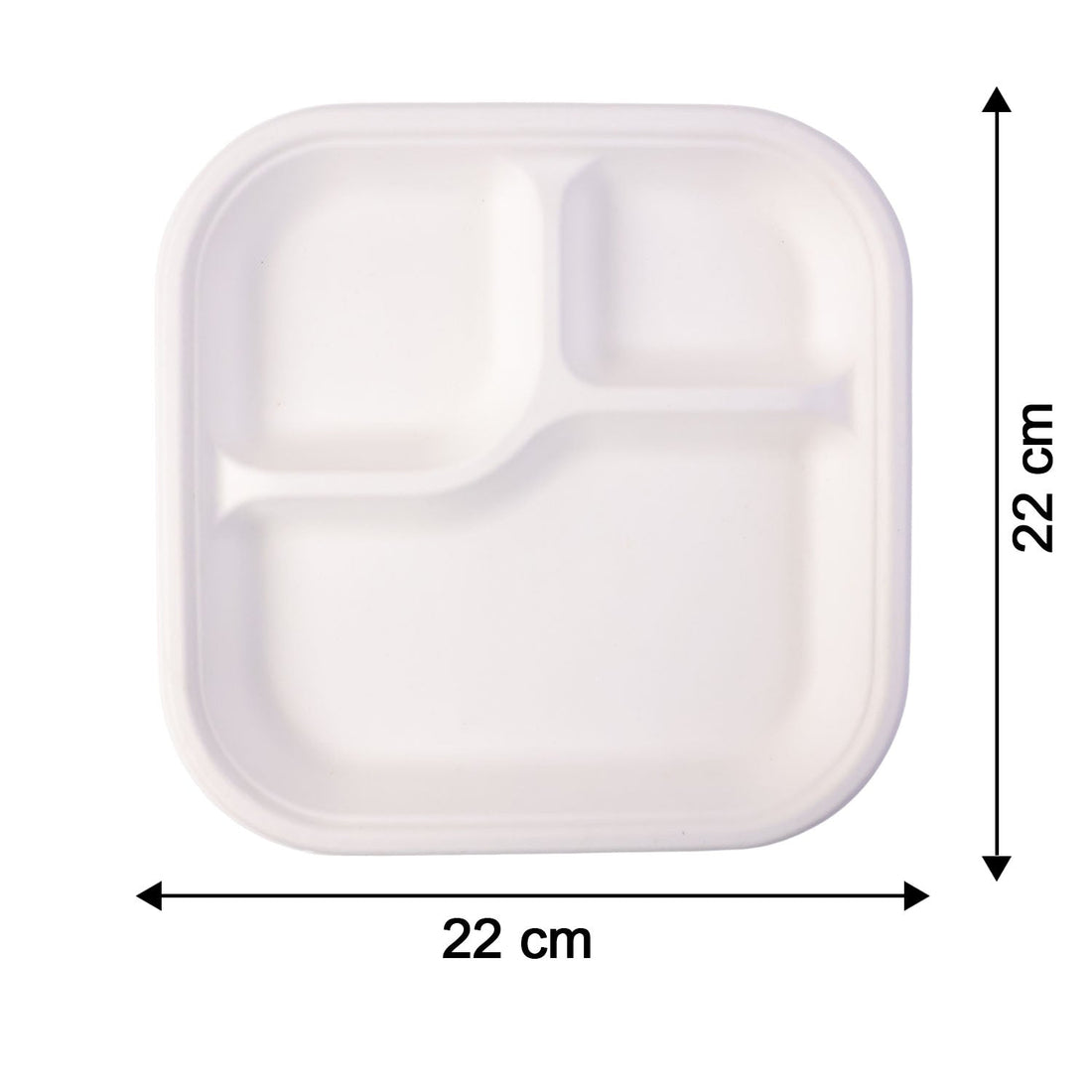 Dimension display for 22 cm by 22 cm square compostable bagasse compartment plate