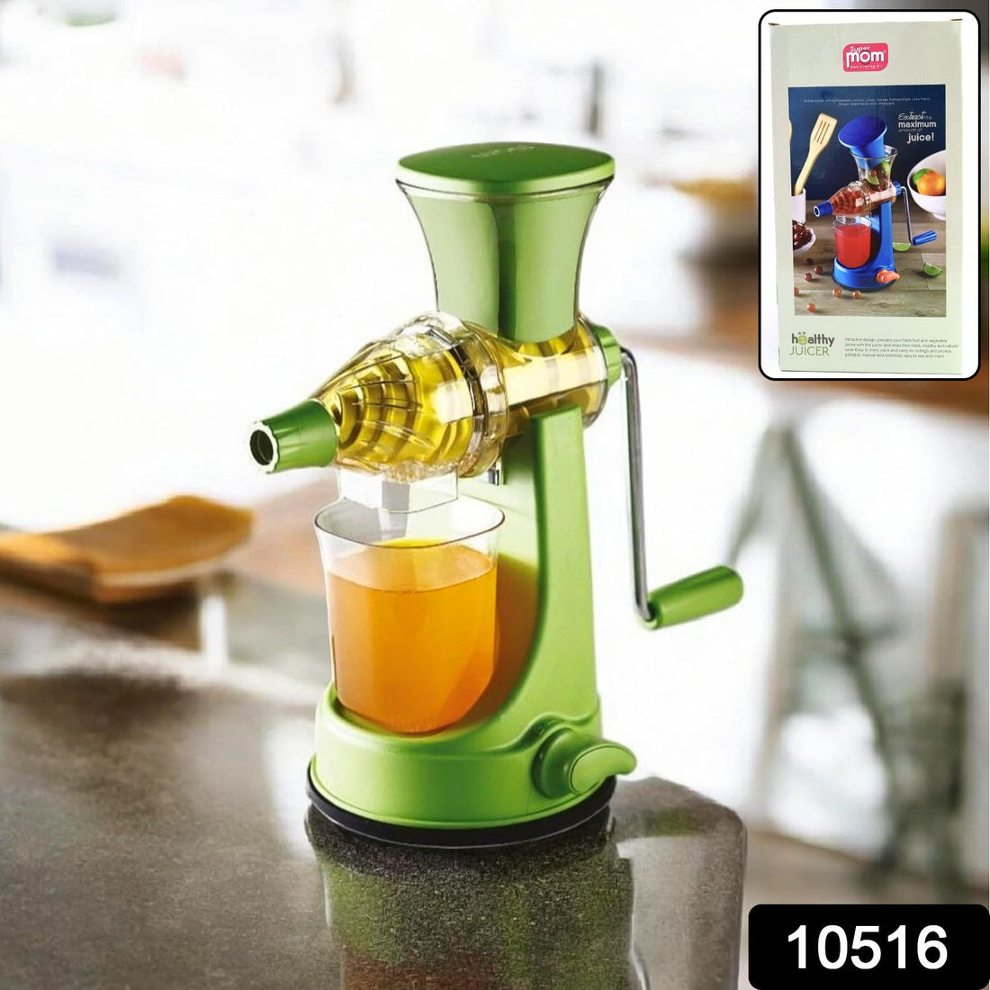 Close-up of hand press operation on manual fruit juicer