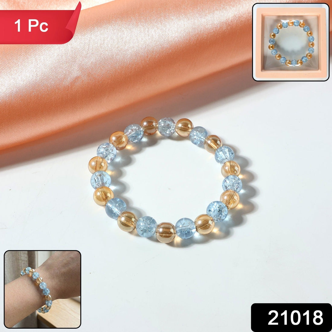 Dual-tone crystal beaded stretch bracelet with glossy transparent beads