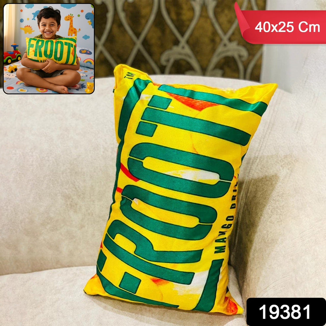 Close-up of kids pillow with soft plush fabric and cartoon design