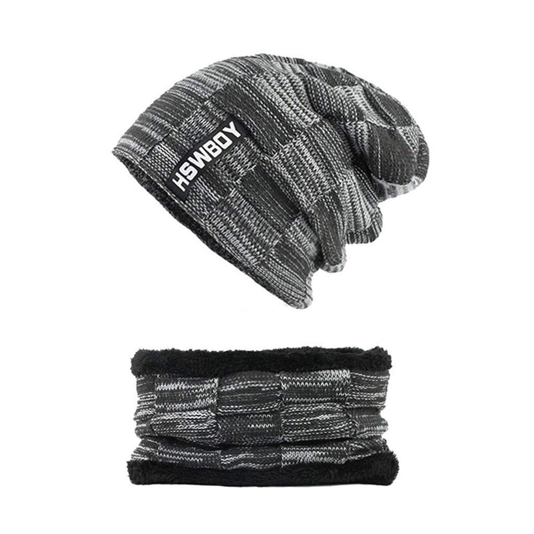 Front view of the comfortable and versatile woolen beanie scarf set.