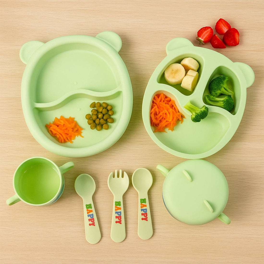 Unbreakable kids feeding dinner set designed for toddlers learning to self-feed