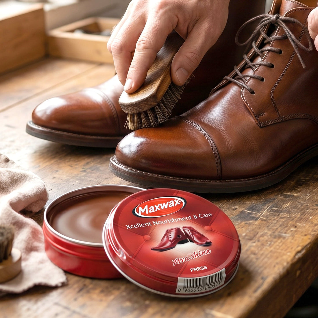 Leather shoe care cream in compact container