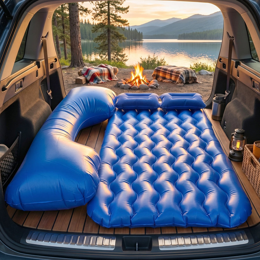Inflated car sleeping bed in vehicle interior
