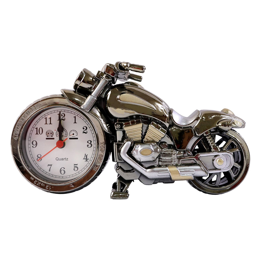 Motorcycle alarm clock demonstrating alarm feature on back