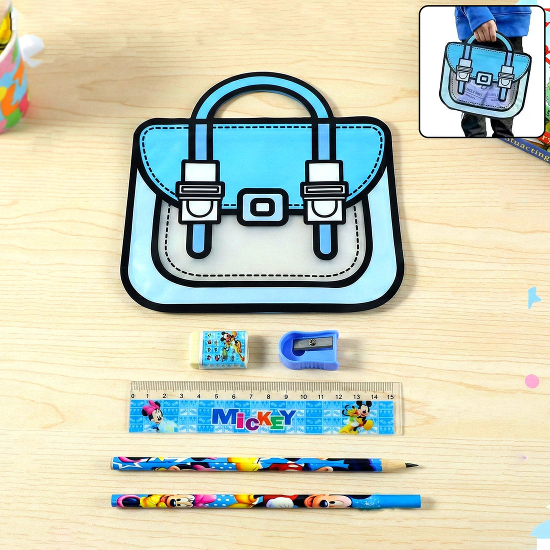 Kids stationery kit with cartoon-style carry bag for easy storage