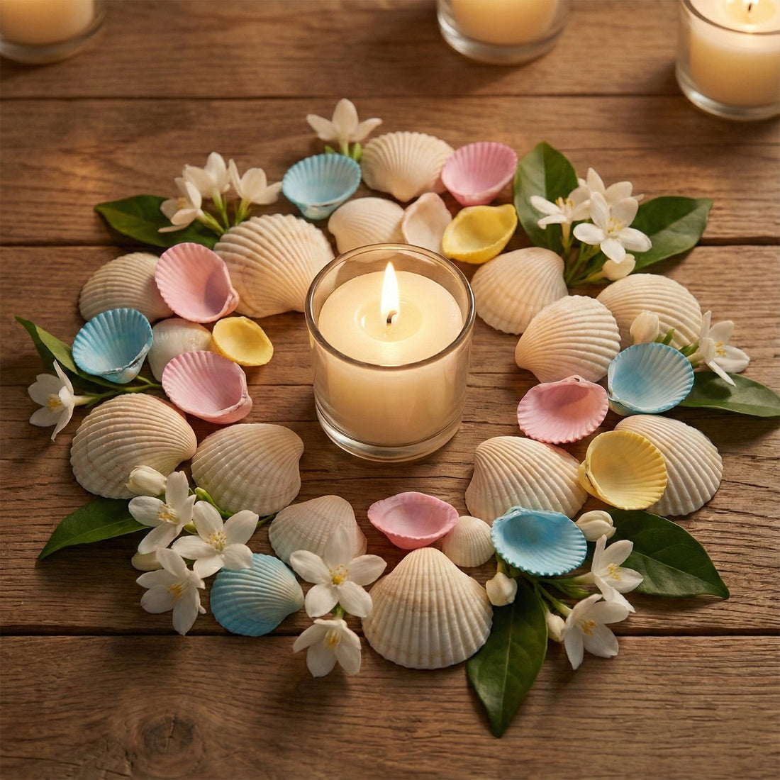 Close-up of decorative natural shells for elegant table decor