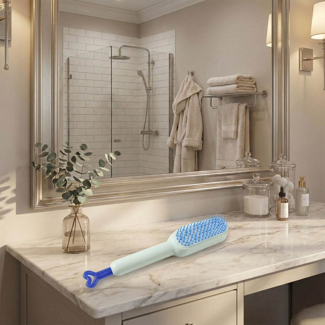 Woman holding the Self-Cleaning Hairbrush, ready for daily hair grooming