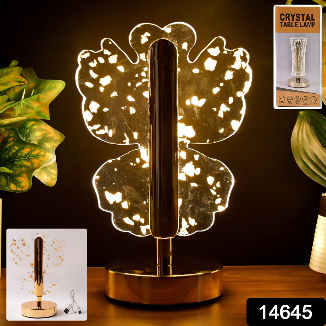 Golden base of crystal butterfly LED table lamp showing metallic finish