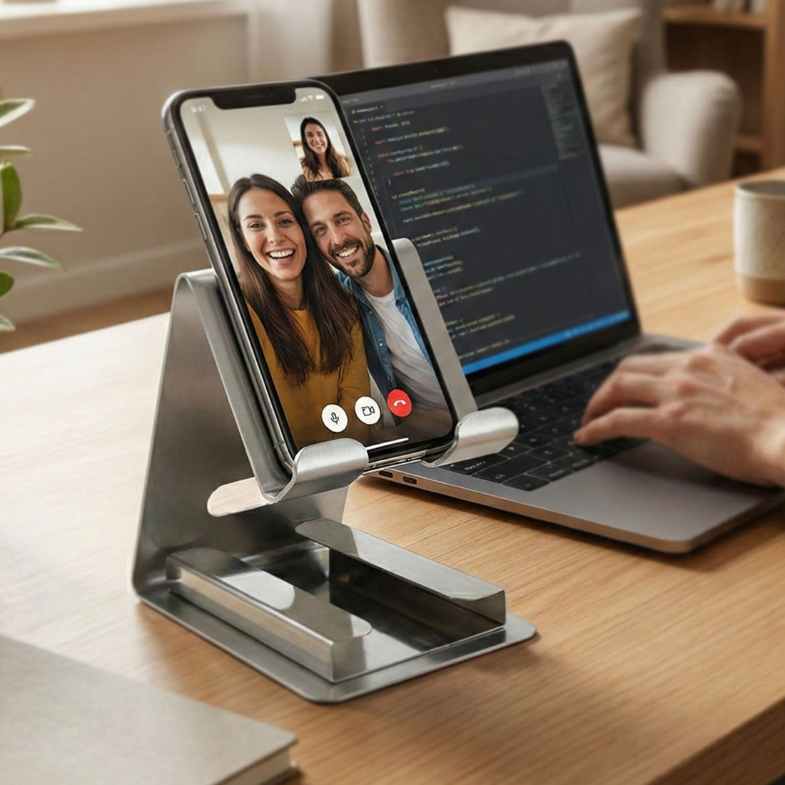 Side angle view of a mobile phone stand holding smartphone