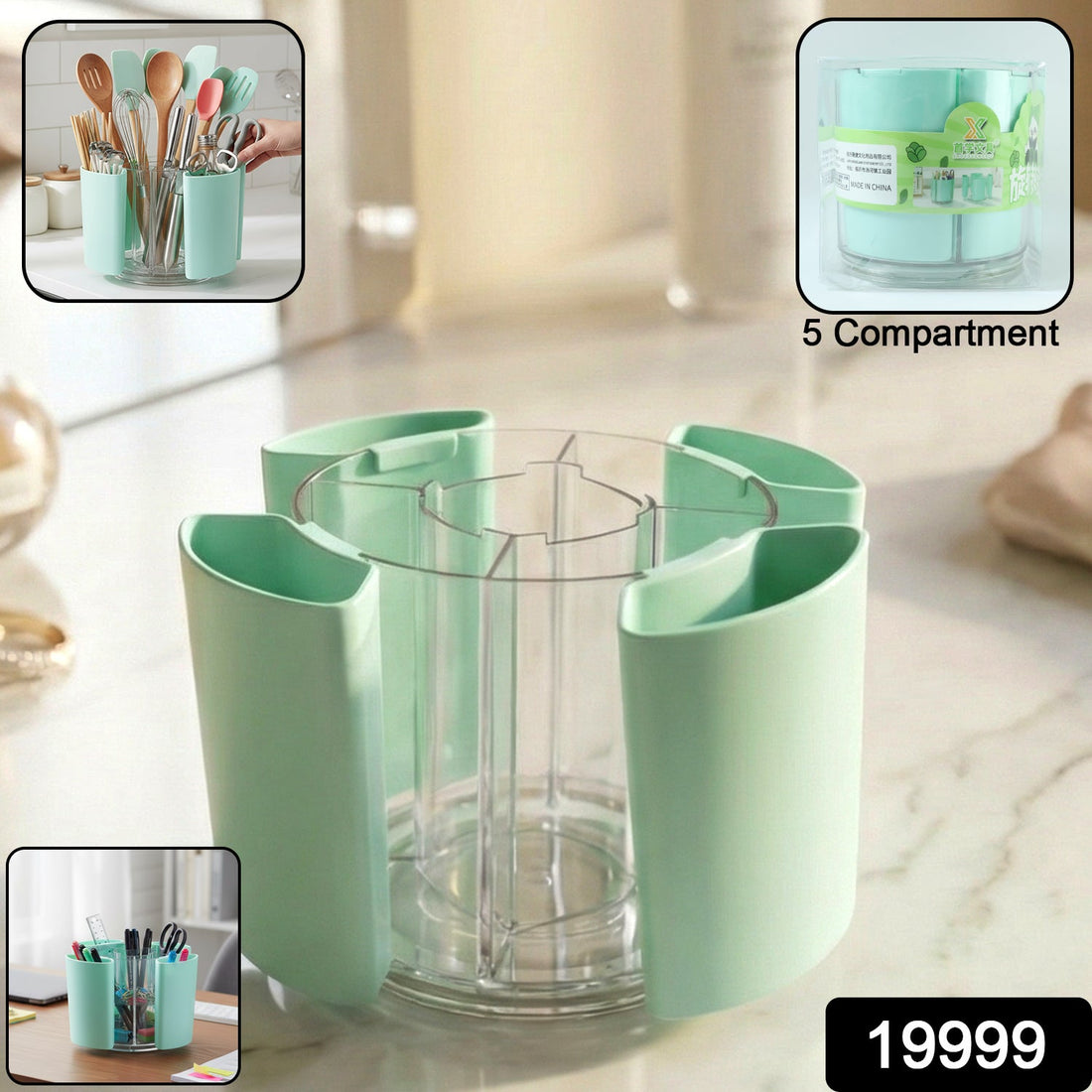 Transparent central storage cup in rotating pen holder for pens and pencils